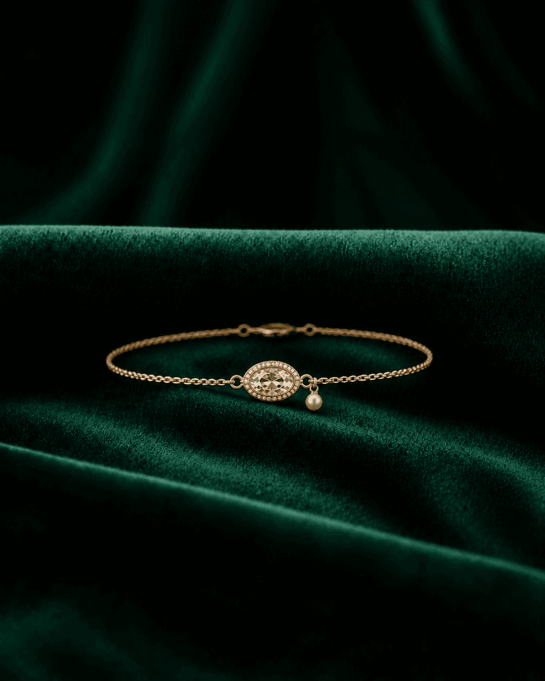Pulseira dourada delicada com pérola sobre veludo verde-esmeralda