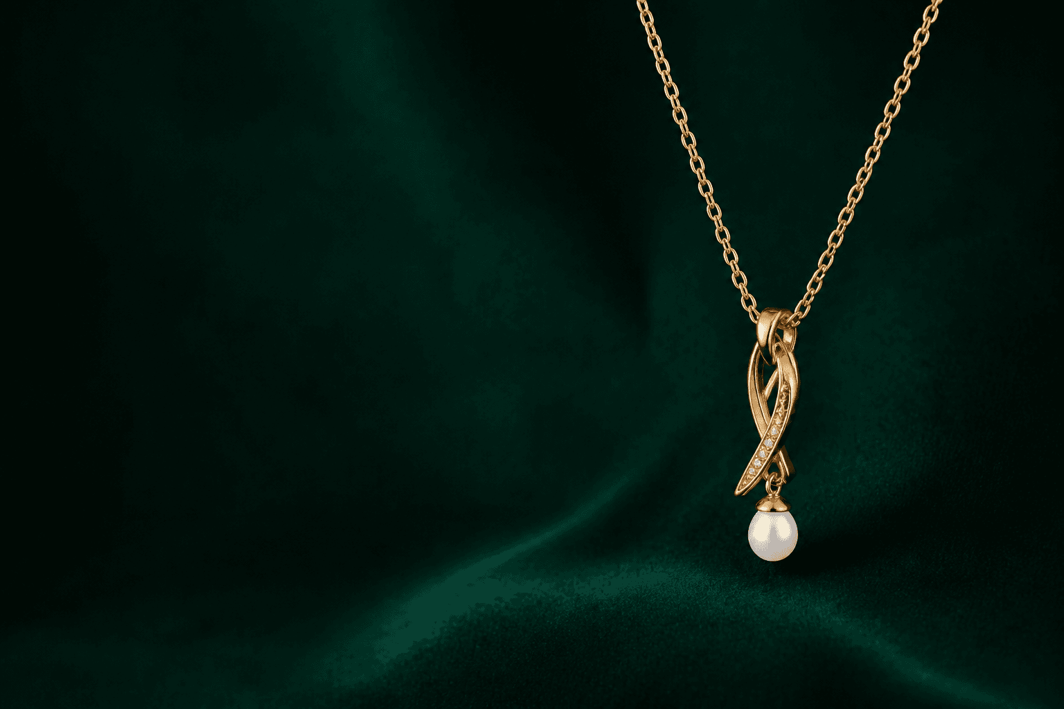 Colar dourado com pingente e pérola sobre veludo verde-esmeralda